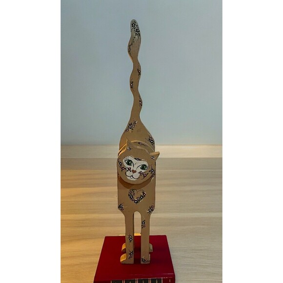 Vtg Tole Painted Wood Standing Cat Shelf Sitter Yellow Tan Cottage Primitive 23” - Picture 1 of 9